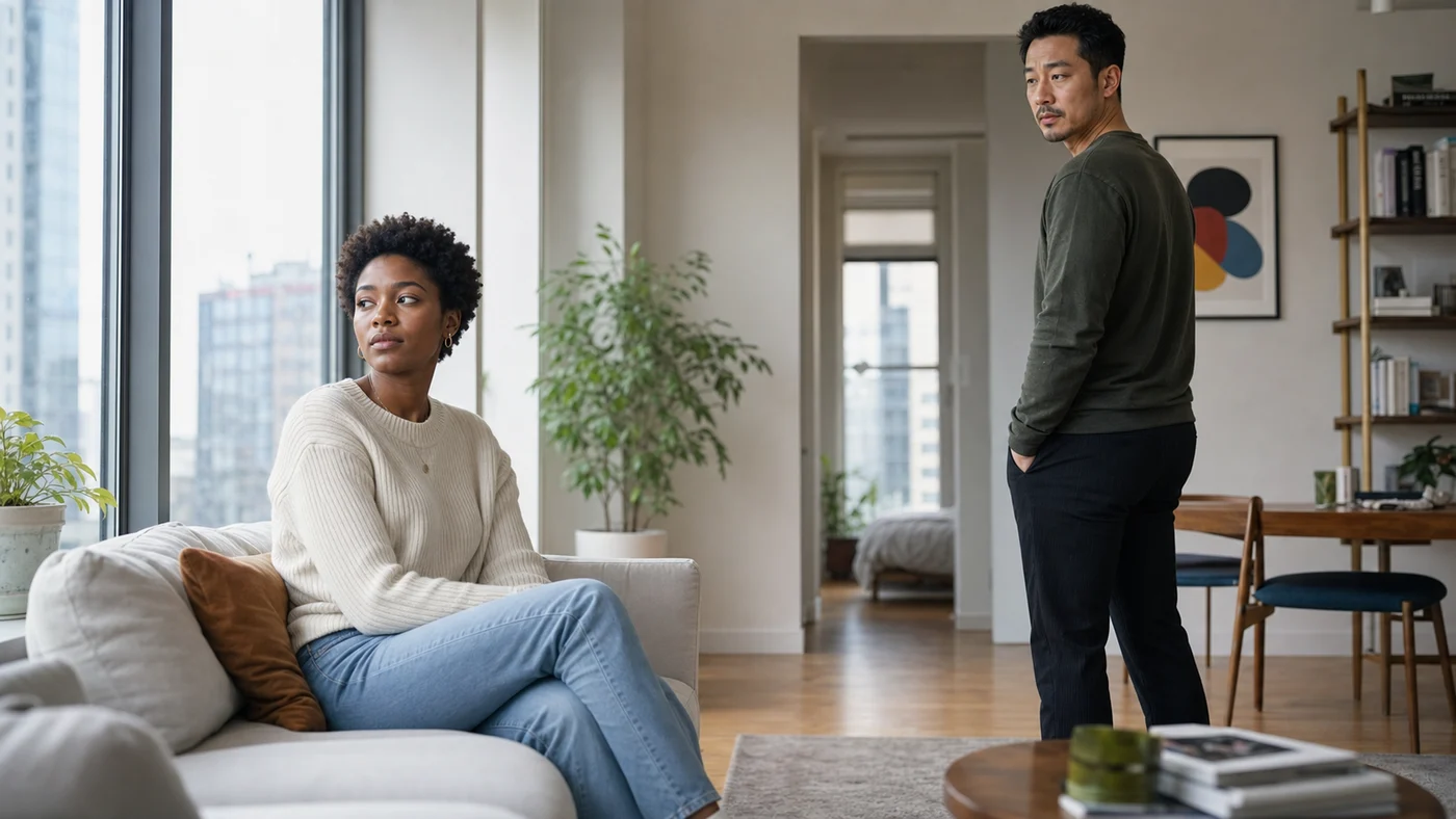 Two men on a sofa with one reaching gently toward the other, showing the anxious-avoidant cycle becoming a conversation.