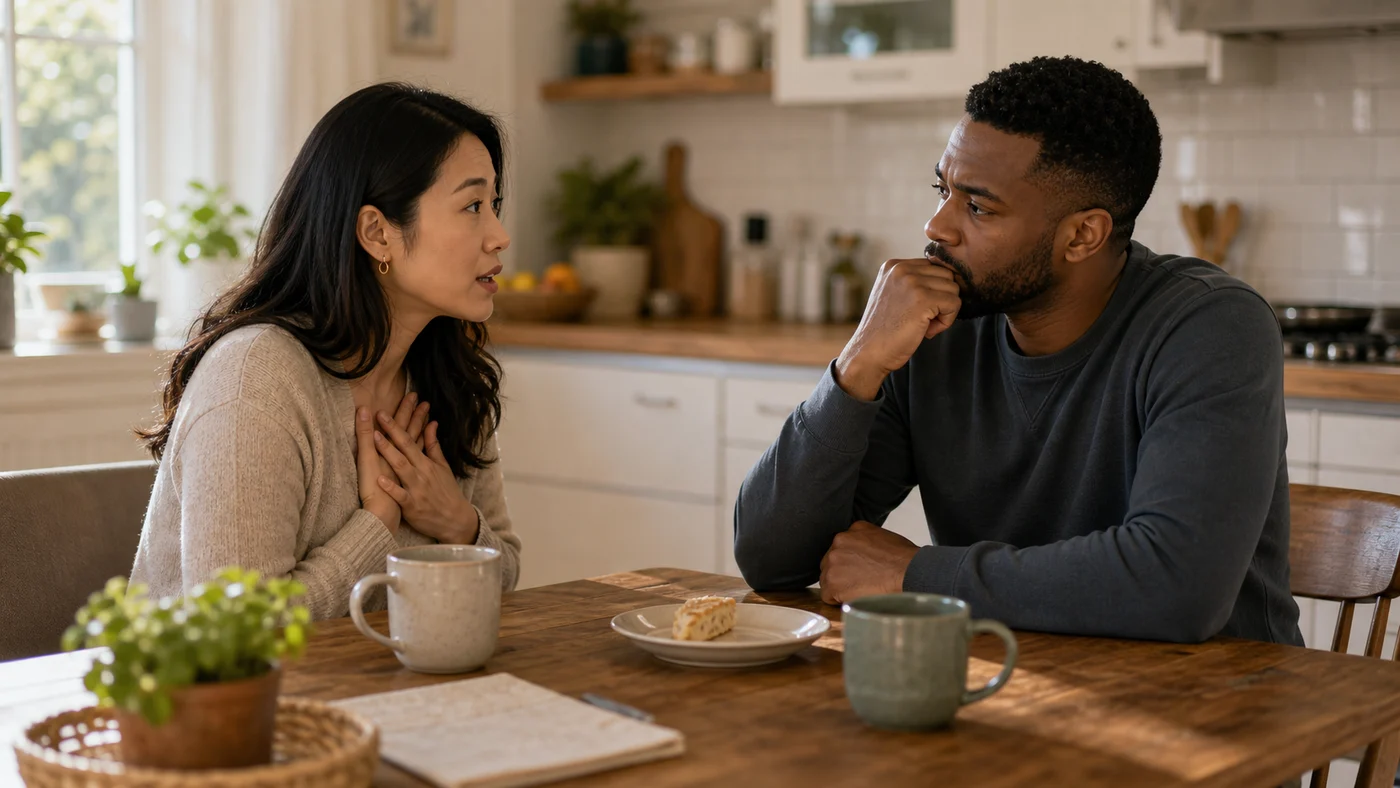 A couple sitting at a breakfast table after a conflict, one apologizing while the other listens for whether the impact is understood.