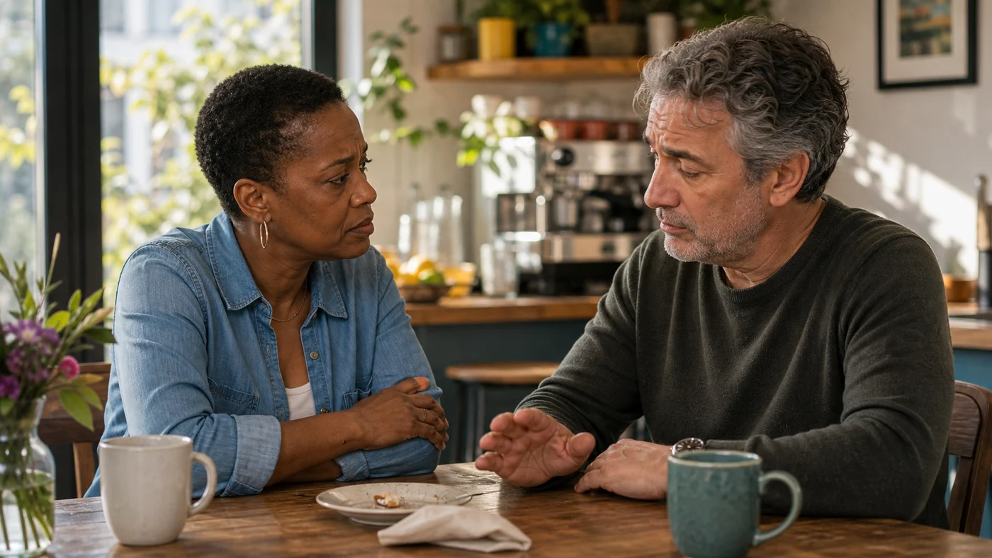 Two partners at a kitchen table after a sharp comment, with the hurt visible before the fight escalates.