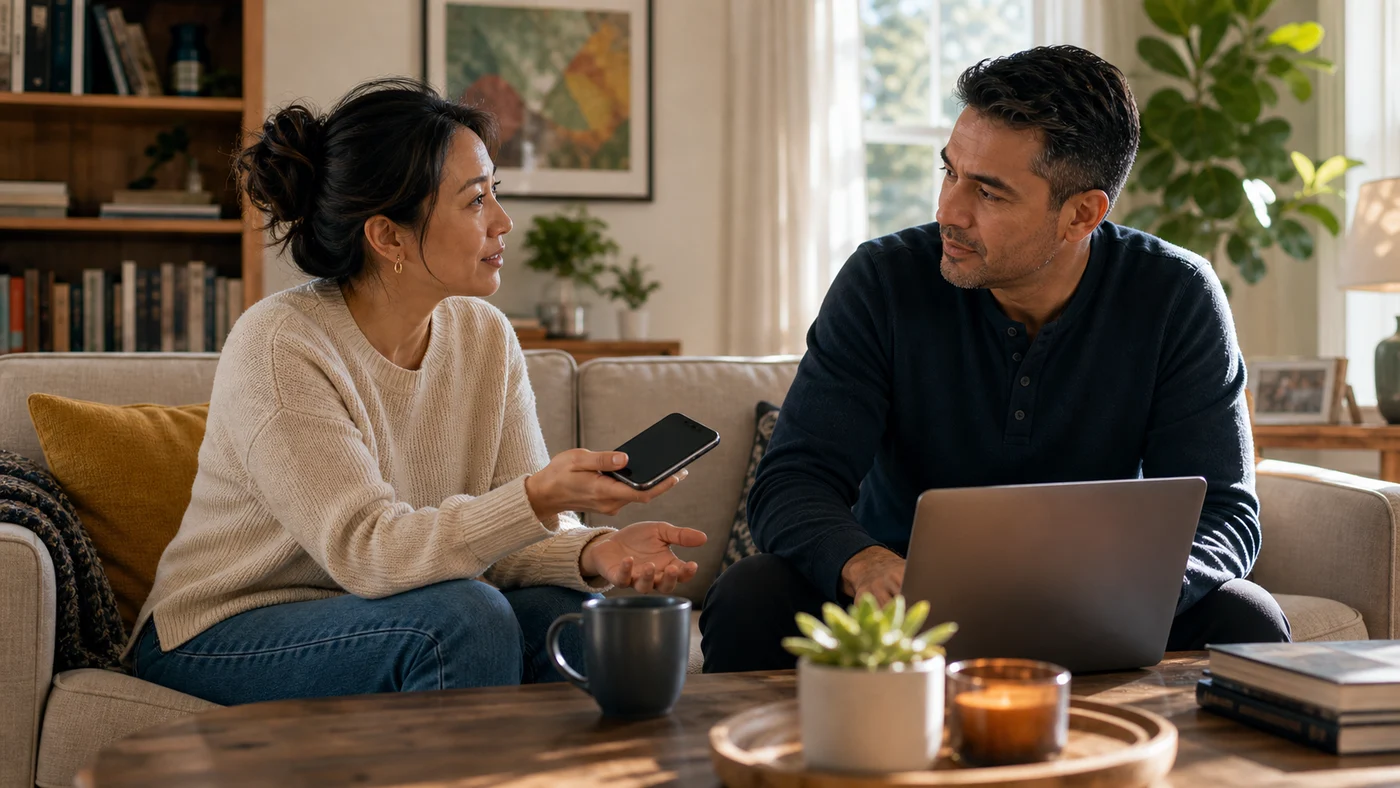 A couple in a bright living room, one quietly showing the other something small while the other turns away from a laptop to reconnect.