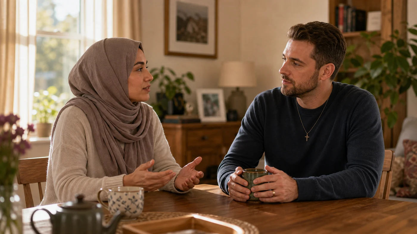 زوج وزوجة من خلفيات دينية مختلفة يتحدثان باحترام على طاولة طعام مع أشياء عائلية قريبة.