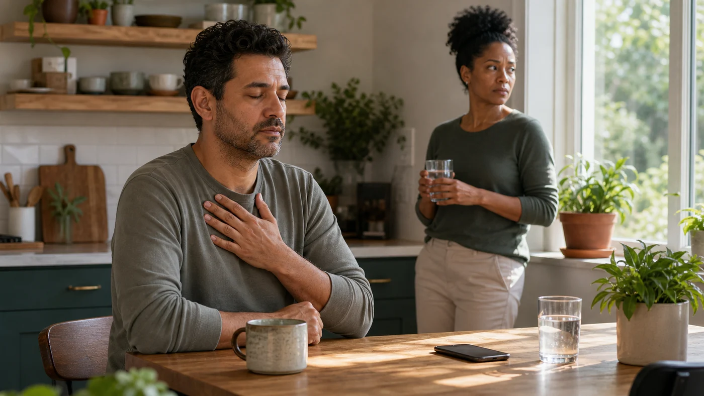 A couple sitting apart in the same room after an argument, with a quiet pause replacing escalation.