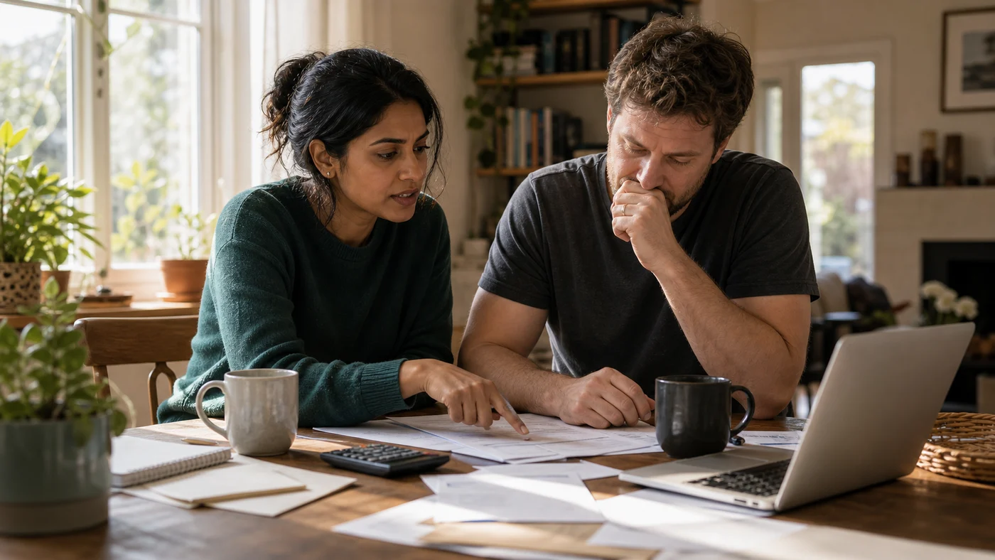 A couple at a kitchen table with bills and a laptop between them, facing financial stress and shame together.