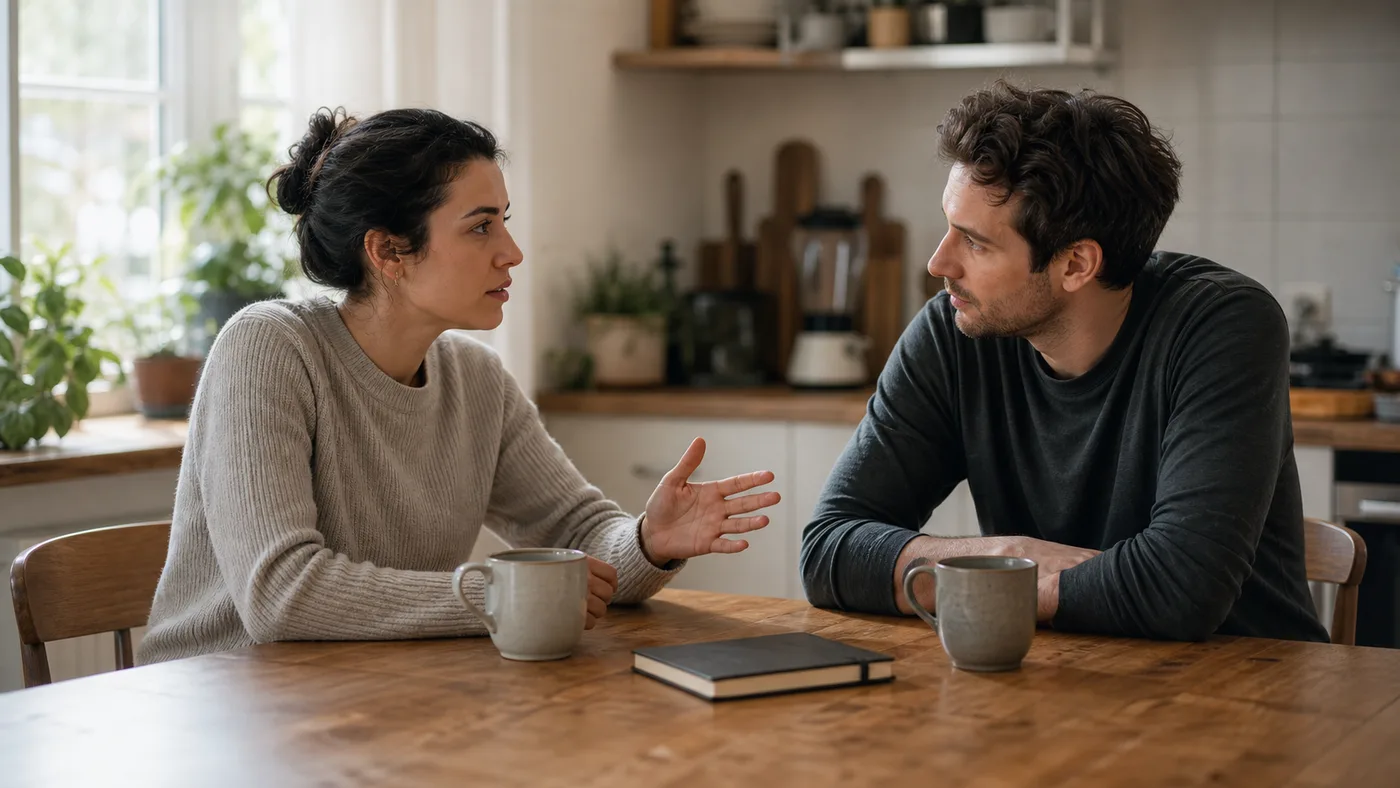 Marito e moglie a un tavolo di cucina in luce naturale, mentre iniziano con calma una conversazione seria con due tazze.