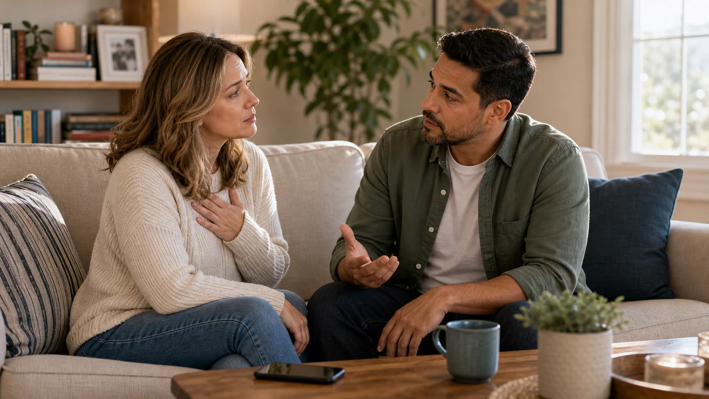 Ein Paar auf einem Sofa im Gespräch, ein Partner hält inne, um zu zeigen, dass er versteht, anstatt eine Erwiderung vorzubereiten.