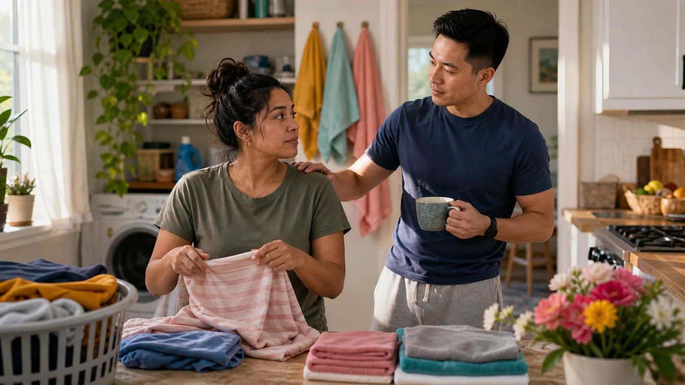 A quiet couple at a kitchen table with one partner reading a handwritten note, showing the gap between practical care and verbal affirmation.