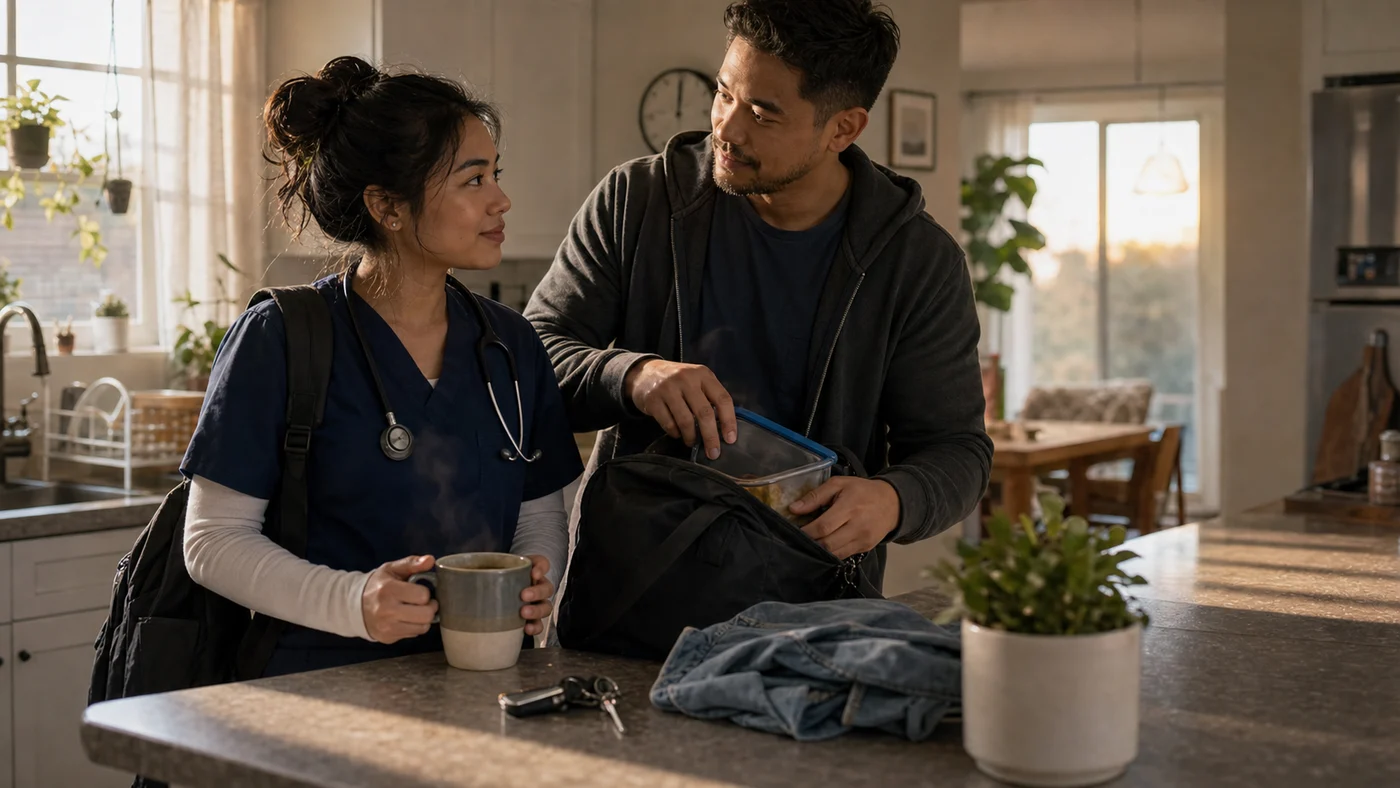 A split home scene with one partner leaving at night and the other waking in morning light, showing two clocks in one relationship.