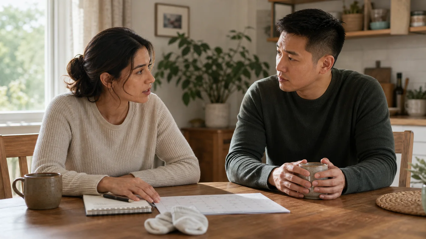 Um casal em uma mesa de jantar clara tendo uma conversa séria sobre filhos, com um calendário e meias de bebê entre eles.