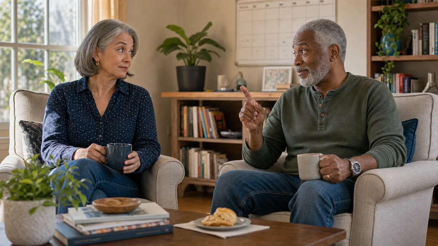 A couple in warm domestic light talking calmly on a sofa, showing a recurring relationship problem managed through dialogue.