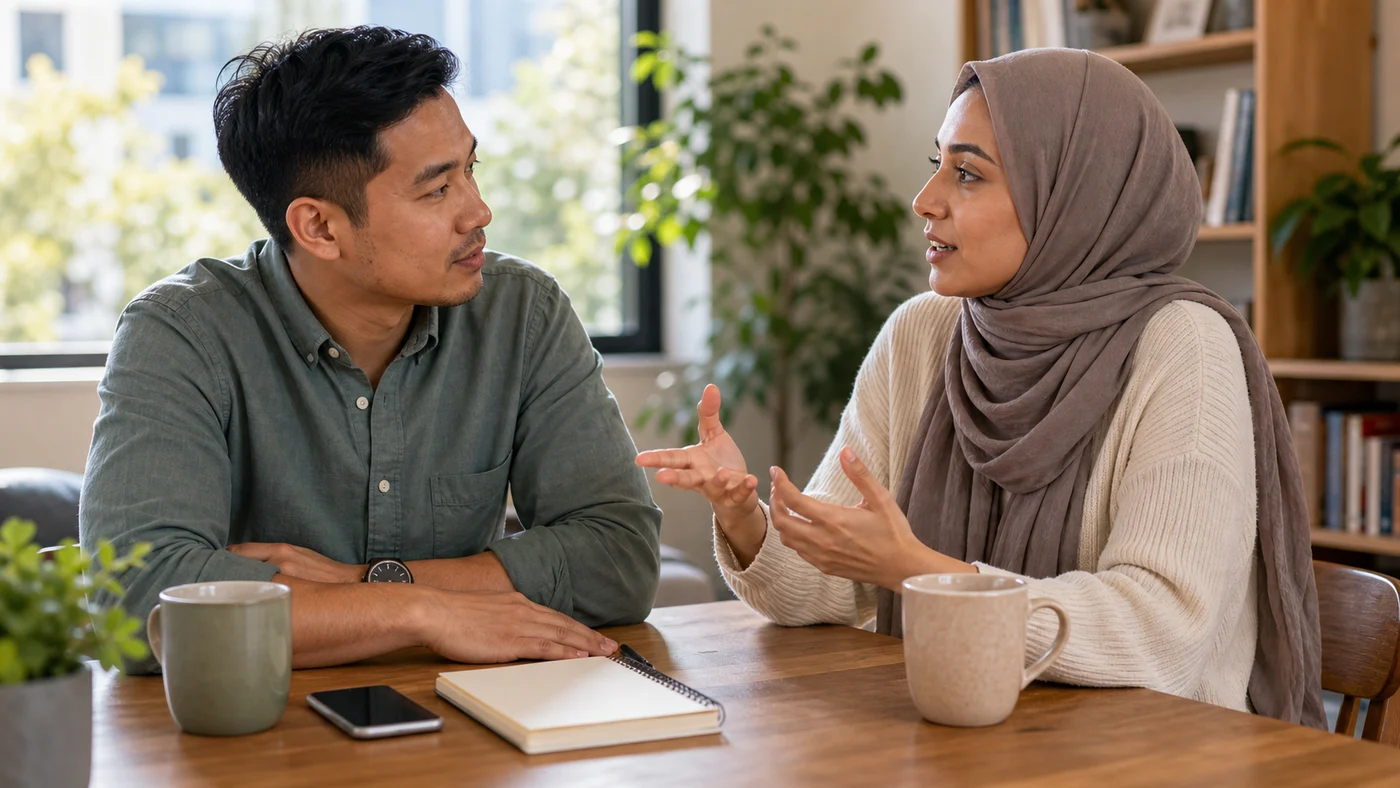 A grid of diverse couples in different cities and homes, representing multilingual relationship conversations and pronoun trust.