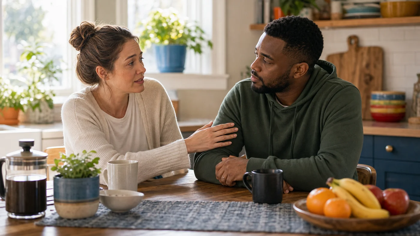 A husband and wife talking calmly at a kitchen table, one reaching for reassurance while the other listens without defensiveness.