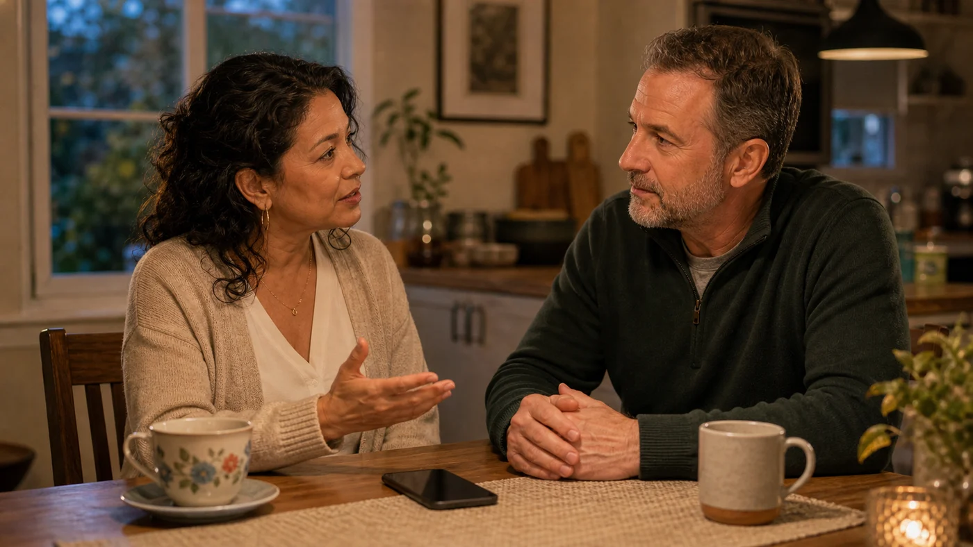 A couple returning to a calm conversation at a dining table after taking space, with tea cups and a phone timer nearby.