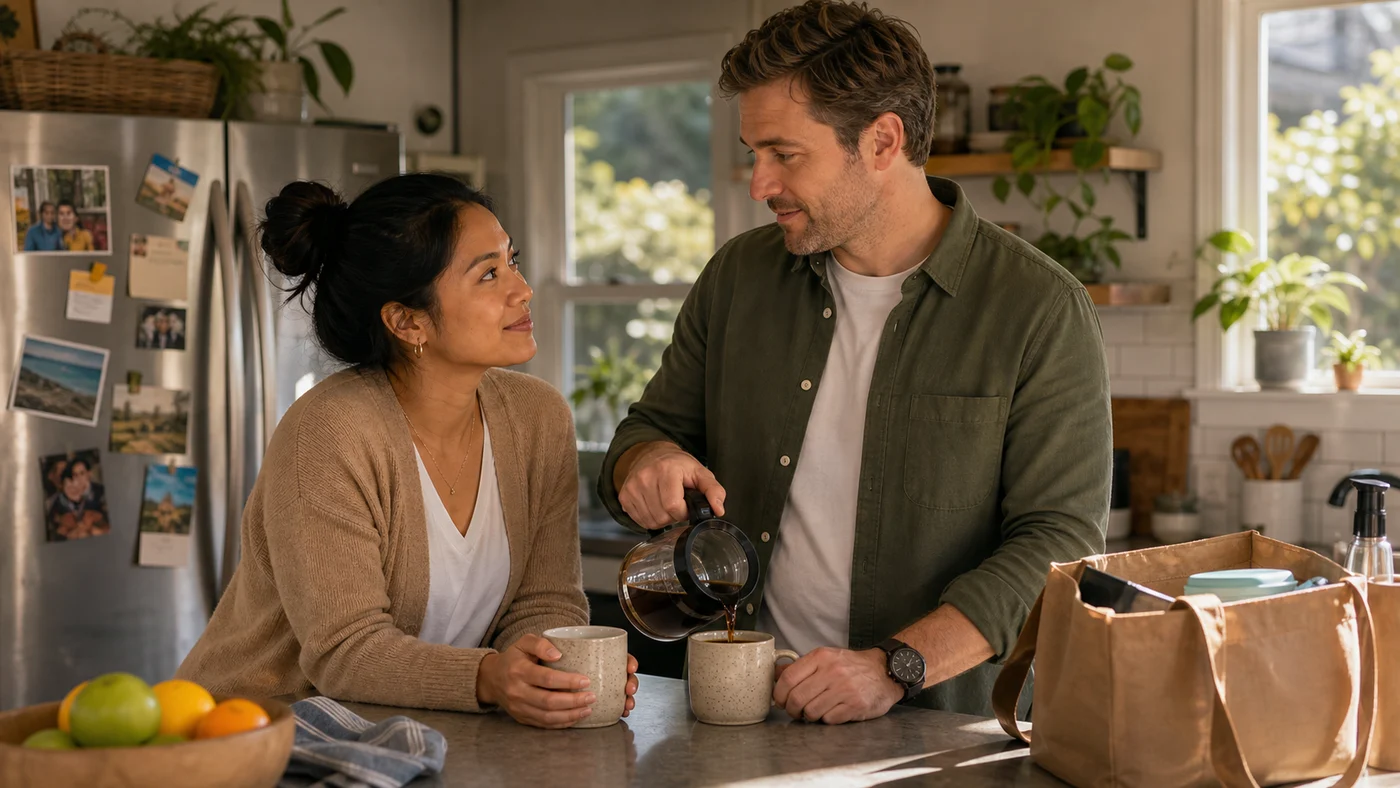 A busy couple sharing a small morning ritual at the kitchen counter before the day starts.