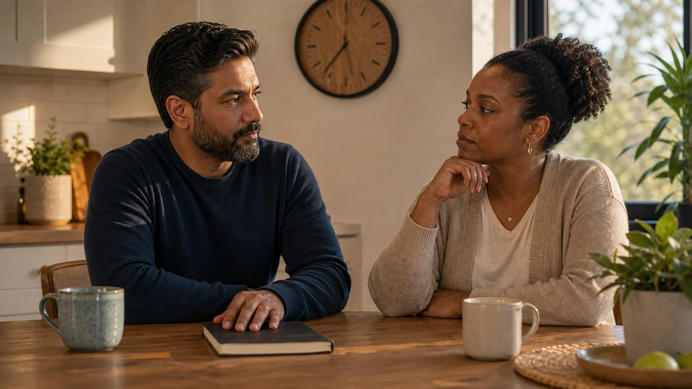 A couple pausing before a serious conversation, with a notebook closed on the table while they check whether the timing is right.