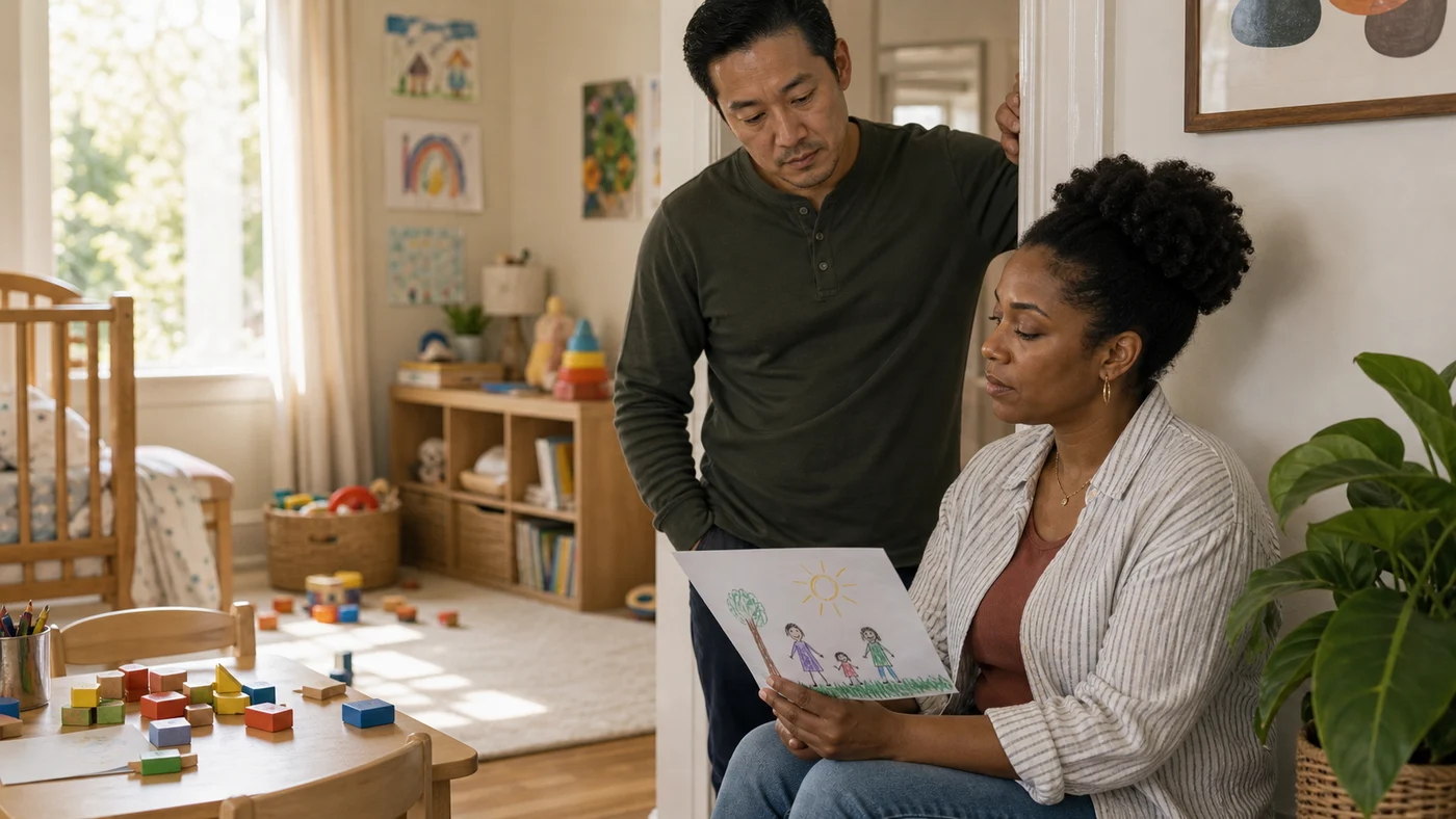 Parents standing near a child's bedroom doorway, separated by the quiet weight of a second-child conversation after birth trauma.