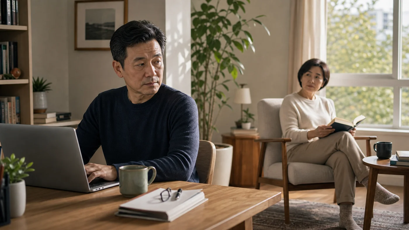 A couple sharing a home while one partner games and the other sits apart, showing silent relationship drift before it becomes a fight.