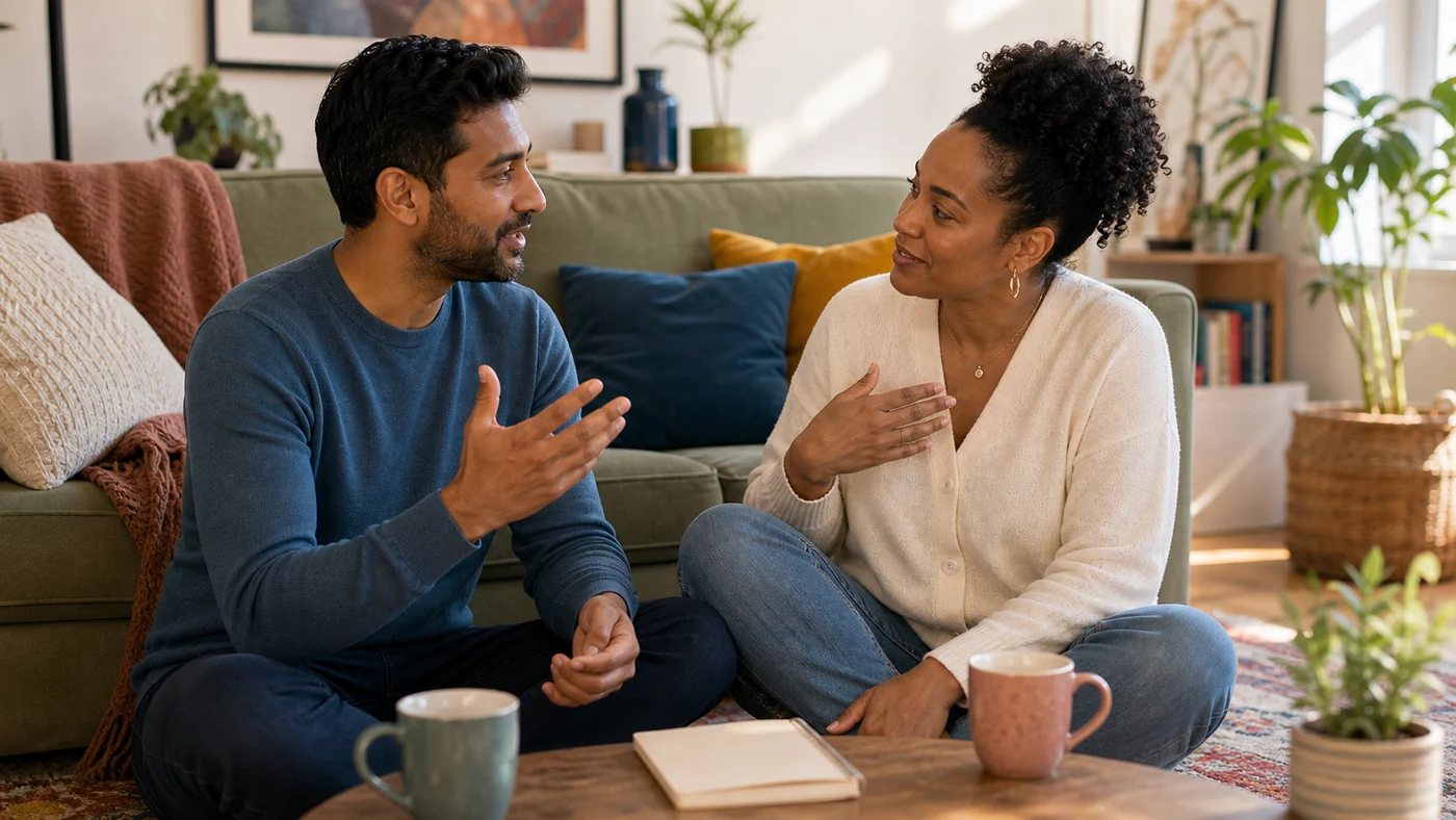 Two partners on a sofa practicing careful listening, with one speaking and the other visibly slowing down before responding.