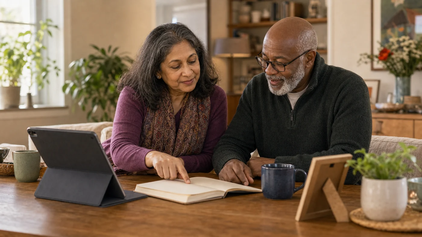 A couple returning to a conversation with notes from previous sessions visible, showing continuity rather than starting over.