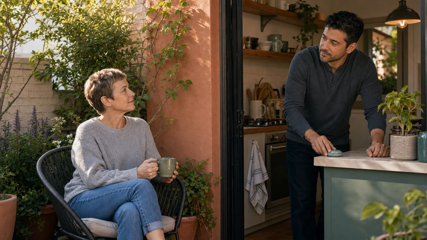 A couple pausing an argument with one partner by the window and the other holding a phone timer, both preparing to return.